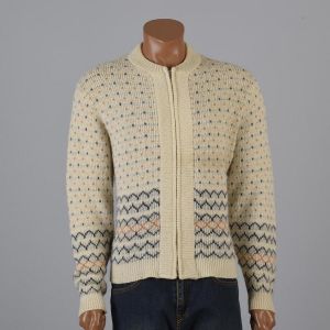 Large 1950s Mens Sweater Cream Blue Fair Isle Pattern Metal Zip Front Cardigan 