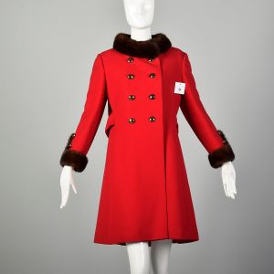 XS 1960s Red Winter Coat Mod A-Line Mink Fur Trim Double Breasted 