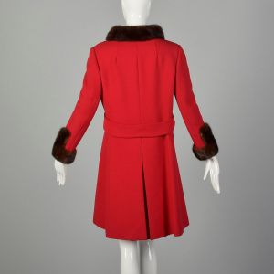 XS 1960s Red Winter Coat Mod A-Line Mink Fur Trim Double Breasted  - Fashionconstellate.com