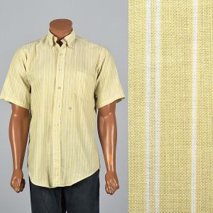 XL 1950s Mens Shirt Short Sleeve Yellow Striped Round Bottom White Collared Button Down