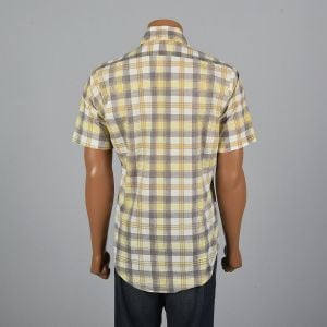 Large 1970s Mens Plaid Shirt Short Sleeve Patch Pocket Collared Yellow Gray Button Down - Fashionconstellate.com