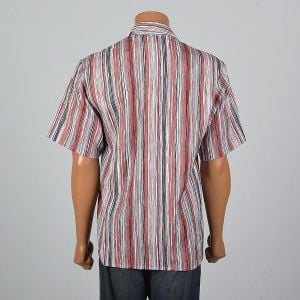 Medium 1980s Mens Crinkle Texture Stripe Shirt Short Sleeve Square Cut Red Black Button Down - Fashionconstellate.com