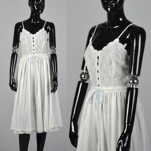 XXS 1950s Anne Fogarty Nightgown White Nylon Blue Trim Semi Sheer Lace Chiffon Drawstring Waist