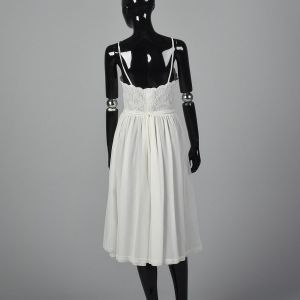 XXS 1950s Anne Fogarty Nightgown White Nylon Blue Trim Semi Sheer Lace Chiffon Drawstring Waist - Fashionconstellate.com