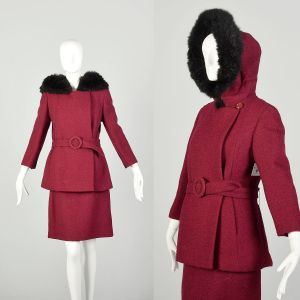 Small 1970s Raspberry Tweed Winter Ensemble Pencil Skirt Outfit Winter Coat 