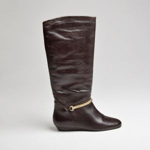 Size 6 1990s Migliorini Brown Leather Boots Knee High Equestrian-Look Pull On Boot Gold Tone Strap - Fashionconstellate.com