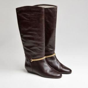 Size 6 1990s Migliorini Brown Leather Boots Knee High Equestrian-Look Pull On Boot Gold Tone Strap