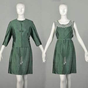 Medium 1960s Green Silk 2 Piece Set Bodice Belt Beading Jacket Dress Ensemble
