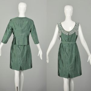 Medium 1960s Green Silk 2 Piece Set Bodice Belt Beading Jacket Dress Ensemble - Fashionconstellate.com