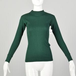 XS 1960s Green Deadstock Ribbed Knit Lightweight Mock Turtleneck Shirt
