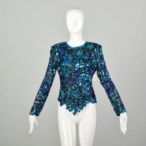 Medium 1990s Jewel Tone Sequin Blouse Long Sleeve Cocktail Party Silk Top Evening Glamour