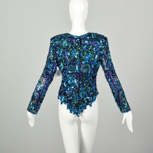 Medium 1990s Jewel Tone Sequin Blouse Long Sleeve Cocktail Party Silk Top Evening Glamour - Fashionconstellate.com