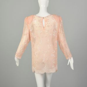Large 1990s Shirt Beaded Blush Pink Sheer Silk Tunic Top Blouse - Fashionconstellate.com