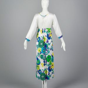 XS 1970s Nightgown White Nylon Long Sleeve Green Blue and Purple Floral Print Sleepwear  - Fashionconstellate.com