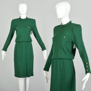 Small 1980s Adolfo Green Knit Long Sleeve Holiday Sweater Dress