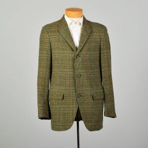 1960s Green Wool Tweed Jacket Plaid Three Button Slim Lapel 