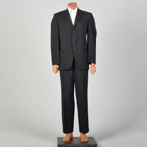 1950s Subtle Blue Black Plaid Three Button Suit Slim Lapel Jacket Pleated Front Cuffed Pants