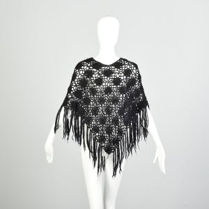 OSFM 1970s Black Hand Made Crocheted Poncho Fringe Shawl Wrap Stole - Fashionconstellate.com