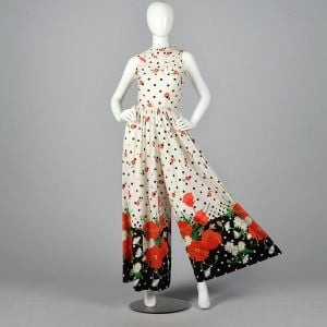 1960s Oscar de la Renta Floral Palazzo Jumpsuit Sleeveless Designer Poppy Print