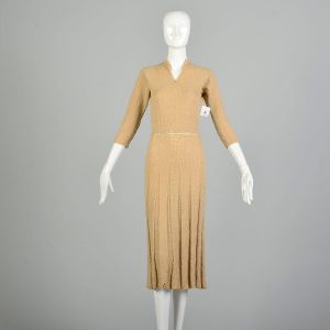  XS 1970s Taupe Knit Dress Pleated Skirt Minimalist Look Classic Bodycon Knit