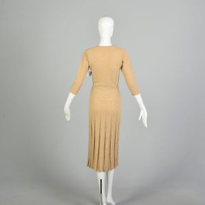  XS 1970s Taupe Knit Dress Pleated Skirt Minimalist Look Classic Bodycon Knit - Fashionconstellate.com