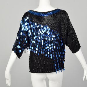 Medium 1980s Dolman Top Black Beaded Blue Sequin Fringe - Fashionconstellate.com