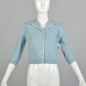 Small 1950s Powder Blue Cashmere Sweater Sailor Collar Arrow Embellishments AS IS