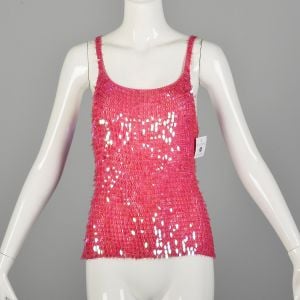 Small 1990s Crochet Cami Hot Pink Sequin Paillettes Tank Top 