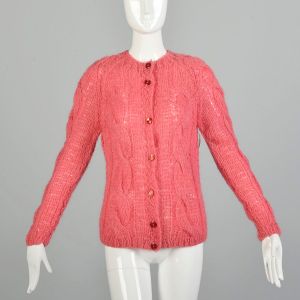  XS 1960s Pink Cardigan Sweater Fuzzy Loose Knit Sheer Toasty