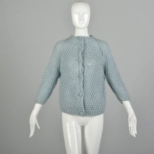 Medium 1960s Light Blue Wool Knit Cardigan Sweater Bohemian Thrashed AS IS