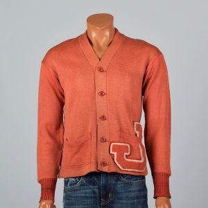 Medium 1930s Mens Orange Cardigan J Letterman Sweater Honors University Knit