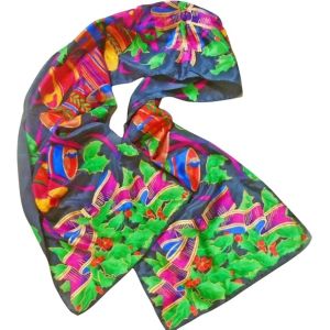 Christmas Silk Scarf, Oblong Shape, Vibrant Multicolor With Metallic Gold  - Fashionconstellate.com
