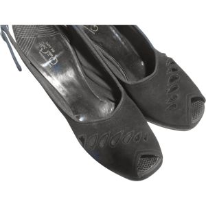 40s Black Suede Platform Heels, Peep Toe, Sling Back, Chunky Heel Electro Swing - Fashionconstellate.com