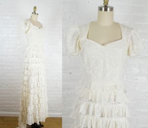 1930s wedding dress . vintage 30s ruffle lace wedding gown with train
