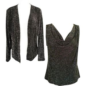 Silver Black Cardigan & Cowl Neck Top, Sparkly Lurex Tweed Knit Twin Set ~ 00's - Fashionconstellate.com
