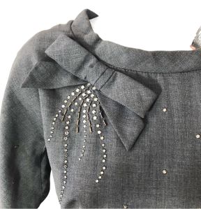 1940s Grey Cocktail Dress w/Rhinestones, Back Buttons & Elbow Sleeve  - Fashionconstellate.com