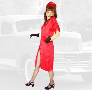 70s Red Satin Sheath Shirt Dress, Retro Swing Era Military Look
