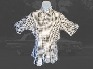 60s Mens Gingham Shirt, Short Sleeves, Preppy Collegiate Light Olive Academia