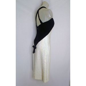 1950s Black Velvet Halter White Sequin Sheath Dress, Red Carpet Ready Glamor - Fashionconstellate.com