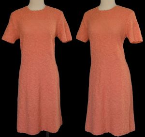 40s Hand Knit Boucle Knit Peach Dress with Scalloped Edges, Size Medium