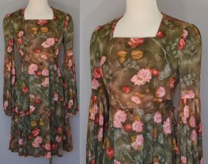 70s Rose Print Dress with Novelty Pleated Novelty Sleeves, Rag Dolls San Francisco, Size XS to Small