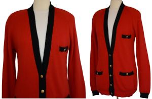 90s Neiman Marcus Cashmere Cardigan Sweater, Red with Black Accents