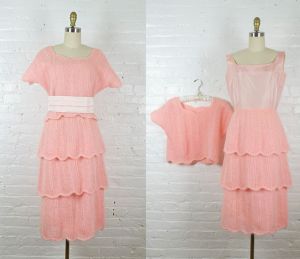 1950s 1960s dress set with pullover sweater . vintage pink knit dress . large