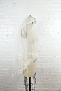 vintage 1970s medium length veil with lace and bridal cap hippie style - Fashionconstellate.com