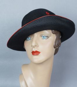 80s Black and Red Straw Fedora Hat by Adolfo II, Sz 21 - Fashionconstellate.com