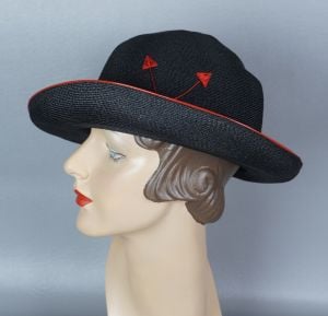 80s Black and Red Straw Fedora Hat by Adolfo II, Sz 21