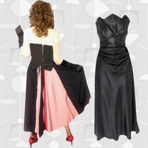 1950s Black Strapless Taffeta Gown with Amazing Back Interest, Tea Length Formal