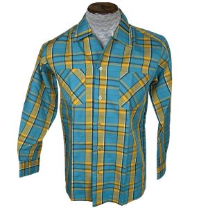 Unused Vintage 60s 1950s Mens Shirt w Loop Collar Plaid Rockabilly Size M