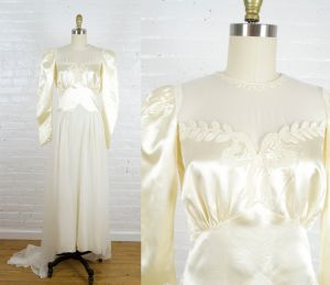 1940s wedding dress . vintage 40s embroidered vanilla satin long sleeved wedding gown . small 