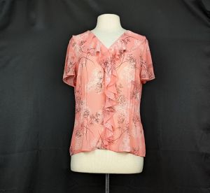 Y2K Blouse Pink Sheer Floral Print Ruffle by East 5th | Vintage Misses 14